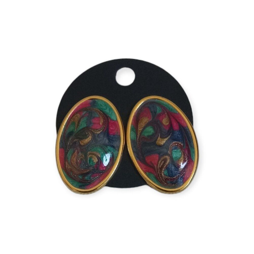 Vintage Oval Gold Toned Colorful Multicolored Enamel Swirl Statement Earrings